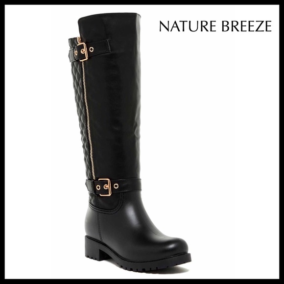 Nature Breeze Shoes - BLACK OVER THE KNEE BOOTS TALL ZIP MOTO RIDING A2C